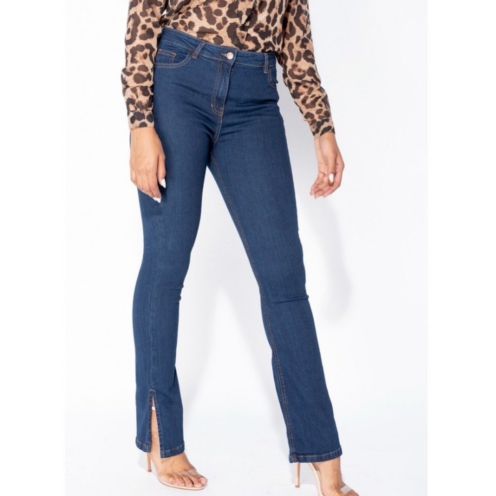 Blue High Waist Split Hem Skinny Flare Jeans Denim Pants - Picture 3 of 8